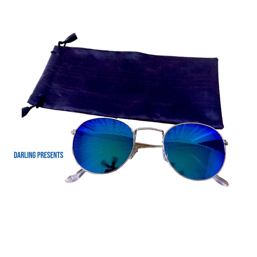 Round Silver Frames Sunglasses With Blue Lens Unisex